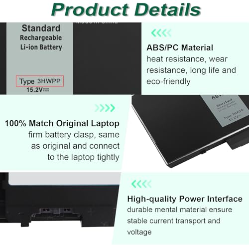 68Wh 3HWPP 15.2V Battery Replacement for Dell Inspiron 7706 2-in-1 Black | Inspiron 17 7500 7506 2-in-1 Black, Latitude 5401 5410 5411 5501 5510 5511 Precision 3551 3541 1VY7F - size: 9.38*4.13*0.25inch 3HWPP