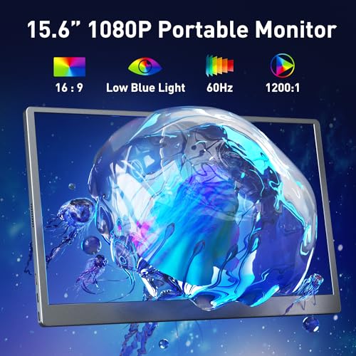 cocopar Portable Monitor 15.6 Inch 1080P FHD 60Hz 60% sRGB Travel Monitor with Speaker HDMI USB-C Second Screen for Laptop MacBook Surface PC Xbox PS4/5, VESA Mountable, with Full Cover Stand - size: 15.6