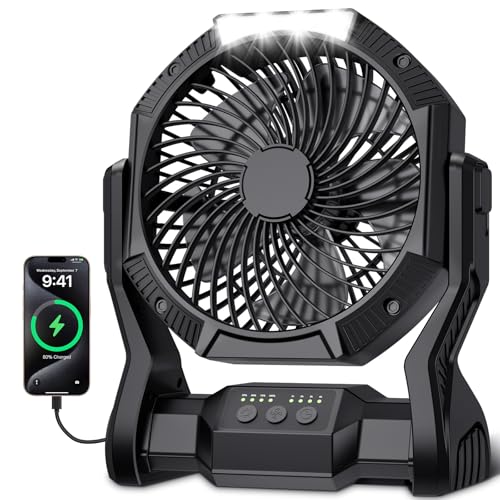Portable Rechargeable Fan, 20000mAh Battery Powered Camping Fan with LED Light & Hook, 270° Adjustable, 4-Speed, 4H Timer Camping Essentials for Outdoor Tent Travel BBQ Car, Gifts for Men Dad - color: Black