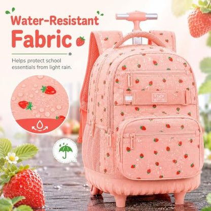 3Pcs Rolling Backpack for Women Girls with Large Wheels, 20 Inches Detachable Wheeled Backpack Set, Adults Water Resistant Roller Backpack for Travel, Work, College School (Pink) - color: Pink Strawberry
