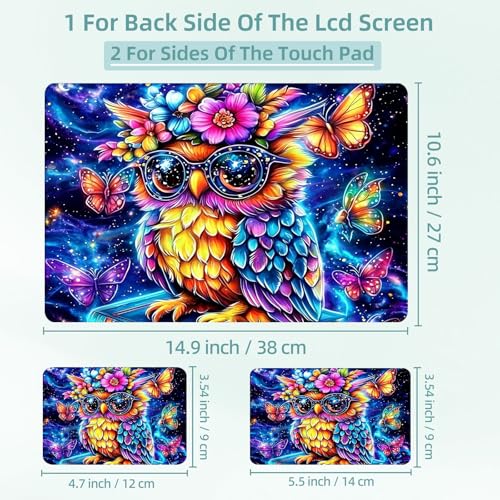 Universal Laptop Skin Decal, 3-Piece Vinyl Protector for 12 13 14 15.6" Notebook, Waterproof Anti-Scratch, Easy Trim & Bubble-Free Finish, Owl with Large Glasse and Flower - color: Owl with Large Glasse and Flower