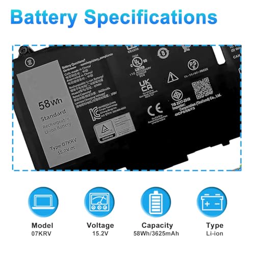 58Wh 07KRV Laptop Battery Replacement for Dell Latitude 5430 5530 5530 7330 7430 7530 Precision 3570 P104F P104F005 P137G P137G004 Series H4PVC 0H4PVC 4FVJG O7KRV 08WRCR 078FWY Y86WG 0Y86WG 15.2V - size: 11.02*4.33*0.29inch 07KRV