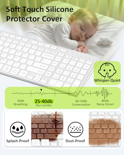 FENIFOX Wireless Silent Keyboard, Ultra Quiet USB C Low Profile Compact Full Size with Number Pad Flat Slim Thin Soft Touch for Mac Computer MacBook iMac PC Laptop Desktop Office (White and Silver) - color: White and Silver