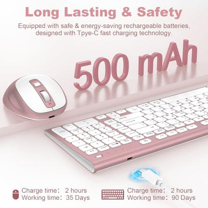 Rechargeable Wireless Keyboard and Mouse, with Number Pad Rose Pink | Quiet Silent, Slim Thin Flat Low Profile Soft Key, USB C, with Skin Cover, Ergonomic Mouse, for Mac Windows PC, Home Office - color: Pink Rose Gold