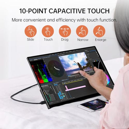 Portable Monitor Touchscreen,18.5'' FHD IPS Touch Screen Monitor, Travel Monitors w/Kickstand & Speaker, HDMI USB C External Screen for Laptop PC 10-Point Touch for Windows devs