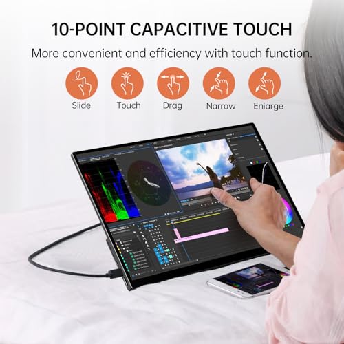 Portable Monitor Touchscreen,18.5'' FHD IPS Touch Screen Monitor, Travel Monitors w/Kickstand & Speaker, HDMI USB C External Screen for Laptop PC 10-Point Touch for Windows devs