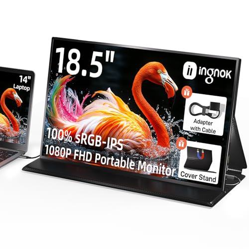 Ingnok 18.5Inch Portable Monitor, 100% sRGB USB C Second Screen FHD | USB-C Mini HDMI Large second screen for Laptop,mini PC,PS5/Switch, smart cover stand,built-in speakers,VESA-ready - size: 18.5 inches