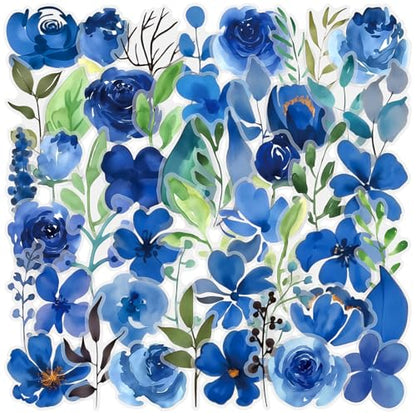 50pcs Pieces of Transparent Blue Inked Floral Sticker Sheets – Clear Waterproof Scrapbook Decals for Journaling, Diary, Collage, Laptop, Water Bottle, Planner(colourful-B15) - color: Colourful-b15