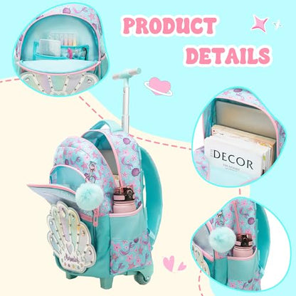 Rolling Backpack for Girls Rolling Backpack Travel Backpack with Lunch Box for Teen Girls Trolley Bag Cute Bookbag for Kids - color: lvbeike