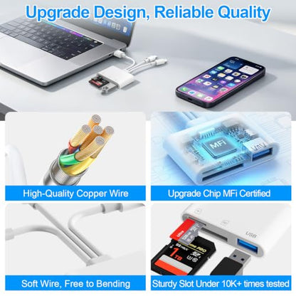 SD Card Reader for iPhone iPad Mac, 3 in 1 Memory SD Card Adapter, USB C & Lightning & USB-A Digital Camera Adapter to iPhone with SD/MicroSD/USB OTG Slots, High-Speed Plug & Play for Computer Laptop