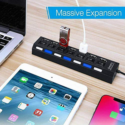 7-Port USB 2.0 Hub, USB Extender Splitter with Individual LED ON/Off Switches, Over-Current Protection, Plug-and-Play for Laptop