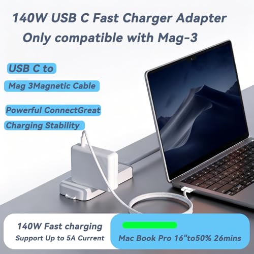 140W MacBook Pro Charger for MacBook Pro 16 14 inch MacBook Air 15 13 inch 2025 2024 2023 2022 2021 M1–M4 Type-C Fast Laptop Charger Power Adapter 6.6FT Type C to Magnetic 3 Cable LED