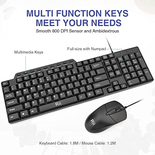 (2PACK) Wired Keyboard and Mouse,Rii RK203 Ultra Full Size Slim USB Basic Wired Keyboard Mouse Combo Set with Number Pad for Computer,Laptop,PC,Notebook,Windows - size: 2 pack