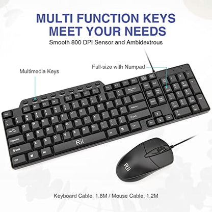 (2PACK) Wired Keyboard and Mouse,Rii RK203 Ultra Full Size Slim USB Basic Wired Keyboard Mouse Combo Set with Number Pad for Computer,Laptop,PC,Notebook,Windows - size: 2 pack