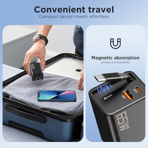 65W GaN USB C Charger with Retractable Charging Cable, 3-Port Power Adapter | Fast travel charger for MacBook, iPhone 17 16 15, Samsung Galaxy S24, iPad, multi port compact wall charging block, black - color: Black