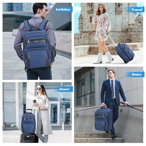 17.7inch Rolling Backpack With Wheels for Adults, Roller Carry On Luggage Wheeled Backpack, Rolling Laptop Backpack for Men Women to Travel Business, Blue