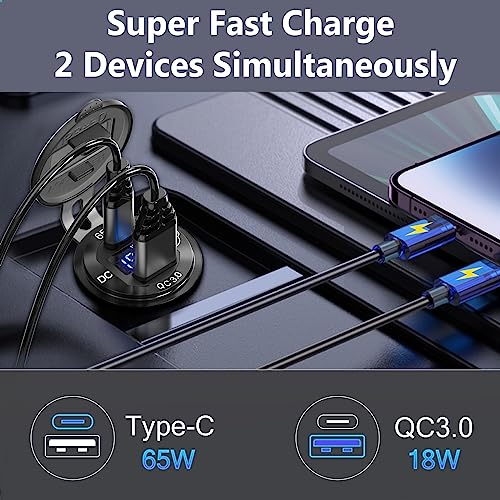 83W 12V USB Power Outlet, Qidoe Aluminum 65W PD Laptop Charger Socket and 18W QC3.0 Car USB Port with Digital Voltmeter Button Switch Smart Boosting 12V Outlet for Car RV Marine Boat Moto