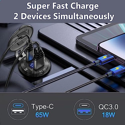 83W 12V USB Power Outlet, Qidoe Aluminum 65W PD Laptop Charger Socket and 18W QC3.0 Car USB Port with Digital Voltmeter Button Switch Smart Boosting 12V Outlet for Car RV Marine Boat Moto