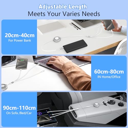100W USB C to Multi Charging Cable, iPhone 15 Retractable Car Charger with Type C 100W+IP 27W+Micro USB 10W Multi Phone Charger for iPhone 15 14 13 12/Samsung S24 S23/iPad/MacBook/Tablet 4FT White