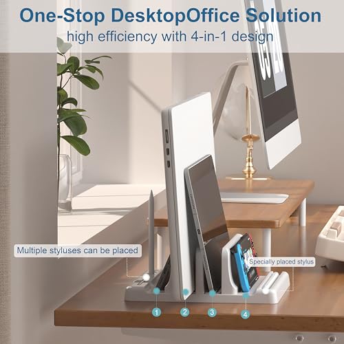 Vertical Laptop Stand Holder - Adjustable ABS Plastic Laptop Holder Vertical, Space-Saving 4 in 1 Compatible with All MacBook Pro Air, Mac, HP, Dell, Microsoft Surface (White) - color: White