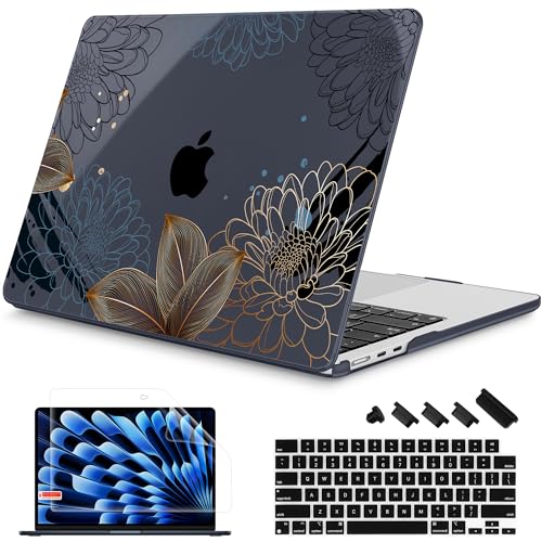 Mektron for 2026/2025/2024/2023 MacBook Air 15 INCH M5 A3448 /M4 A3241 /M3 A3114 /M2 A2941 Case, Printed Plastic Hard Shell Cover with 15.3" Liquid Retina Display Touch ID, Line Chrysanthemums - color: Line Chrysanthemums