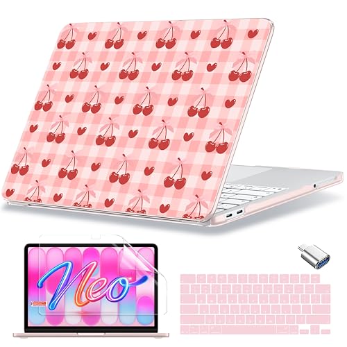 MecBevia Compatible with MacBook Neo Case 13 inch 2026 A3404 A18 Pro Chip | 4-in-1 Kit, Neo Hard Shell Case Cover & Keyboard Cover & Screen Protector & Type C, Pink Cherry Check - color: Pink Cherry Check
