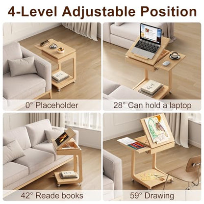 Solid Wood C Shaped End Table for Couch,Natural C Table with Wheels,Rolling Side Table with Storage,Couch Desk with Adjustable Desktop,Rolling Tv Tray with Folding Shelf,Modern Couch Table - color: Natural