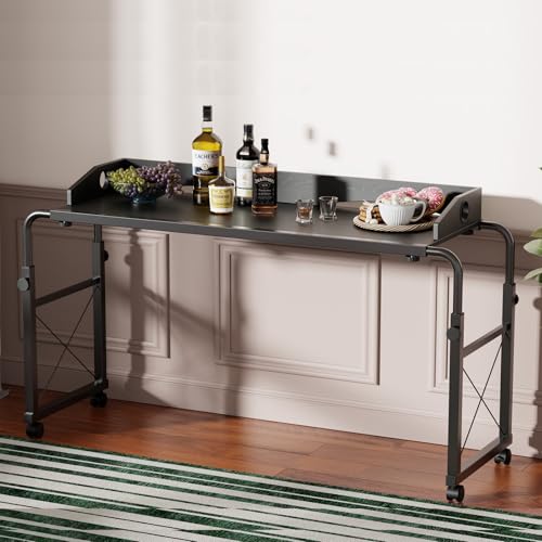 Overbed Table with Wheels, Adjustable Queen Size Bed Desk, Black | Fits Twin To King Beds, Adjustable Height & Length Rolling Over Bed Table For Hospital and Home, with 4 Locking Casters - color: Black