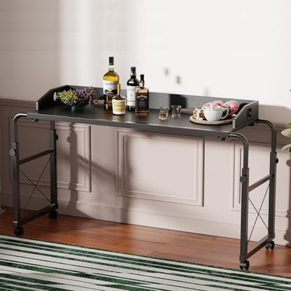Overbed Table with Wheels, Adjustable Queen Size Bed Desk, Black | Fits Twin To King Beds, Adjustable Height & Length Rolling Over Bed Table For Hospital and Home, with 4 Locking Casters - color: Black