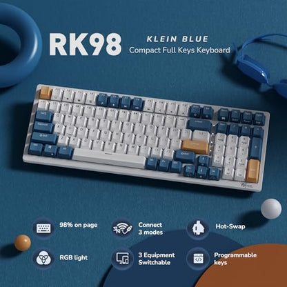 RK ROYAL KLUDGE RK98 Wireless Mechanical Keyboard, Triple Mode 2.4G/BT5.1/USB-C Hot Swappable Keyboard with Number Pad, Pre-lubed Clicky Switches RGB Backlit Gaming Keyboard, Software Support - color: White, size: Hot Swap Blue Switch