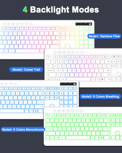 EDJO Wireless Keyboard and Mouse Combo, 10 Backlit Effects, Rechargeable 2.4GHz Silent Full-Size Light Up USB Keyboard with 6 Button RGB Mouse for Laptop, Computer, PC - color: White