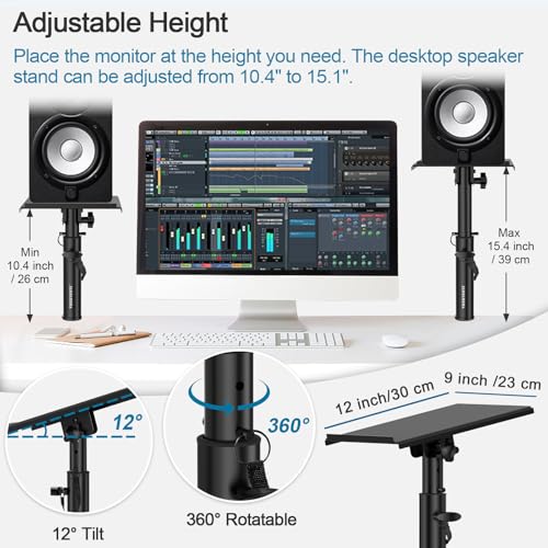 Vondynote Pair of Studio Monitor Stands Desk Clamp Speaker Stands 12°Tilt | Heavy Duty, 10.4"-15.4" Height Adjustable, for Monitor Speakers Laptop Projector CD Player