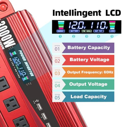 Cantonape 3000W Power Inverter 12V to 110V/120V DC to AC with LCD Display, Remote Controller 4 x AC Outlets and 4 x 3.1A USB Car Adapter for Car Truck Boat RV Solar System - size: 3000W-12V