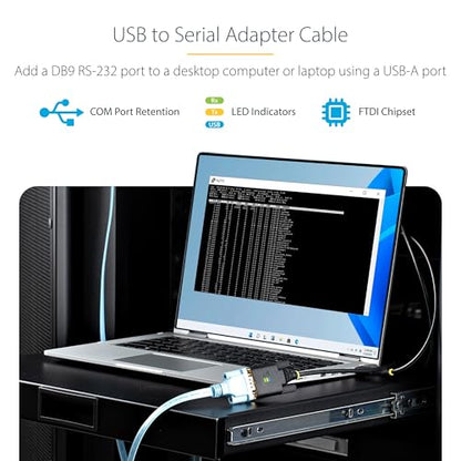 StarTech 6ft USB to Serial Adapter Cable, FTDI (1P6FFC-USB-SERIAL) | USB-A to DB9 RS232, Interchangeable DB9 Screws Nuts, COM Retention, LED Indicators - size: 6ft