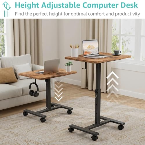 WINAZ Small Portable Laptop Rolling Desk - 24 Inch Mobile Computer Desk Adjustable Height on Wheels for Small Spaces, Couch Kids Desks End Side Table, Teacher Podium for Classroom, Rustic Brown - color: Brown