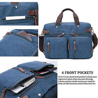 CROCOD 3 In 1 Canvas Convertible Laptop Bag for Men Women, 17.3 inch Laptop Messenger Bag Work Briefcase, Computer Shoulder Bag for Travel Business Office (17.3 Inch, Blue) | 3 In 1 - color: Blue