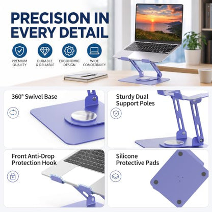 SOUNDANCE 360 Rotating Laptop Stand, Ergonomic Computer Riser for Desk, Adjustable Height Multi-Angle Metal Holder, Foldable Portable Notebook Elevating Base for Office & Home, Purple - color: Purple
