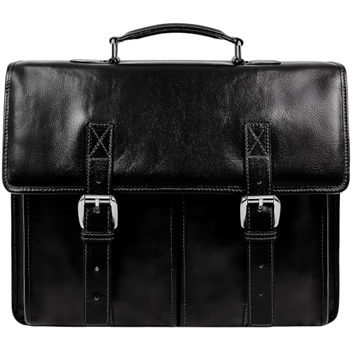 Time Resistance Leather Briefcase for Men Handcrafted in Italy Full Grain Messenger Bag for Laptop - color: Black