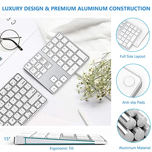 Lekvey Bluetooth Number Pad, Aluminum Rechargeable Wireless Numeric Keypad | Slim 34-Keys, External Numpad Keyboard, Data Entry for Laptop, MacBook, MacBook Air/Pro, iMac, Windows, Surface Pro - Silver - color: White and Silver