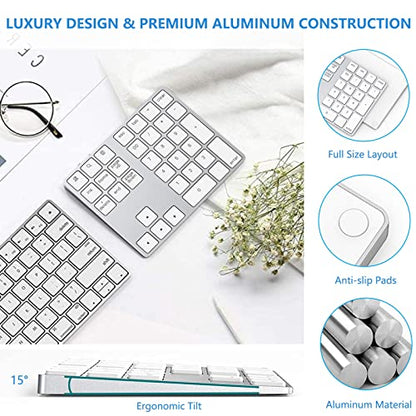 Lekvey Bluetooth Number Pad, Aluminum Rechargeable Wireless Numeric Keypad | Slim 34-Keys, External Numpad Keyboard, Data Entry for Laptop, MacBook, MacBook Air/Pro, iMac, Windows, Surface Pro - Silver - color: White and Silver