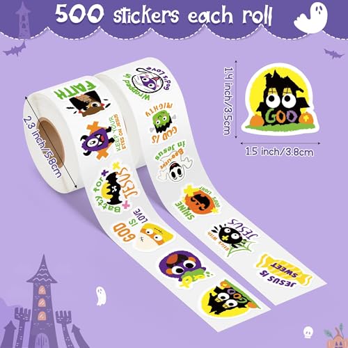 Haooryx Halloween Religious Sticker Rolls - 1000Pcs Christian Religious Stickers Pumpkin Ghost Spider Bible Verse Self Adhesive Waterproof Vinyl Water Bottle Page Activity Pad Party Favor Junk Journal - style: Religious Theme Halloween 2Roll