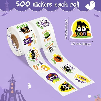 Haooryx Halloween Religious Sticker Rolls - 1000Pcs Christian Religious Stickers Pumpkin Ghost Spider Bible Verse Self Adhesive Waterproof Vinyl Water Bottle Page Activity Pad Party Favor Junk Journal - style: Religious Theme Halloween 2Roll