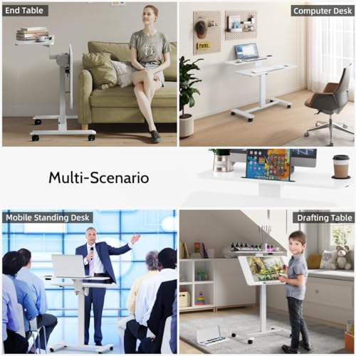 Pneumatic Standing Desk with Wheels - Adjustable Height 28" - 46" & 0-90° Tilt, 31.5" x 17.7" Skin-Feel Desktop, Rolling Computer Desk for Home Office, Hospital, School (White) - color: White