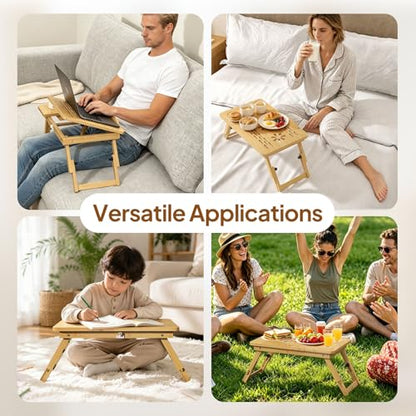 Bamboo Laptop Desk for Bed, Height & Angle Adjustable Foldable Lap Desk with Drawer & Cup Holder, Portable Bed Desk Table for Working, Reading, Writing or Breakfast on Sofa, Couch or Floor