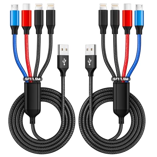MPATIBY Travel 4 in 1 Multi Charging Cable with Dual IP/Type C/Micro USB, 2Packs 5FT Car Accessories iPhone Charger Cord for Multiple Devices, Universal USB Cable for iPhone17-8/iPads/Tablets and More - color: DarkBlueRed, size: 2Pack 5FT