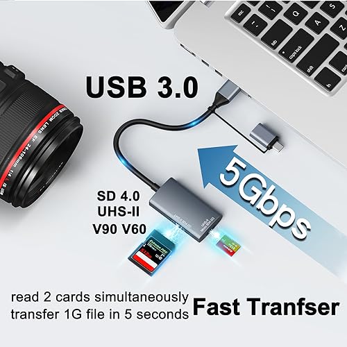 DCHAV UHS-II USB C to SD Card Reader USB 3.0 A OTG Adapter Dual Connector Converter for Micro SD TF SDHC SDXC Microsd Compatible with Computer PC Laptop SD 4.0 Camera Memory Card Android Phone Mac