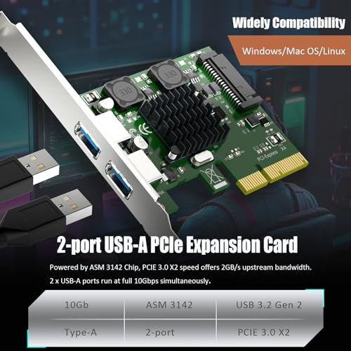 U3142A 2-Port 10Gb PCIe USB Expansion Card, 2 USB-A Ports (USB 3.2 Gen 2), PCIE X4 Interface, Compatible with Windows/Linux/macOS