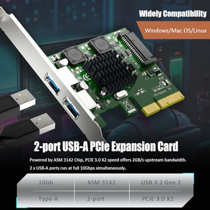 U3142A 2-Port 10Gb PCIe USB Expansion Card, 2 USB-A Ports (USB 3.2 Gen 2), PCIE X4 Interface, Compatible with Windows/Linux/macOS