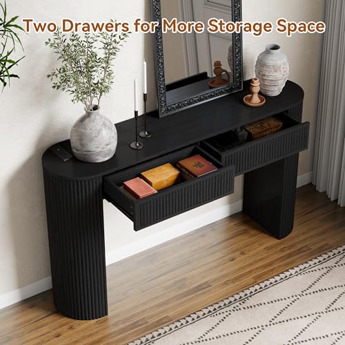 55" Fluted Console Table with 2 Drawers & LED Lights,Entryway Tables with Charging Station,Narrow Sofa Table Behind Couch,Mid-Century Modern Foyer Table for Entryway, Hallway, Living Room(Black) - color: Black