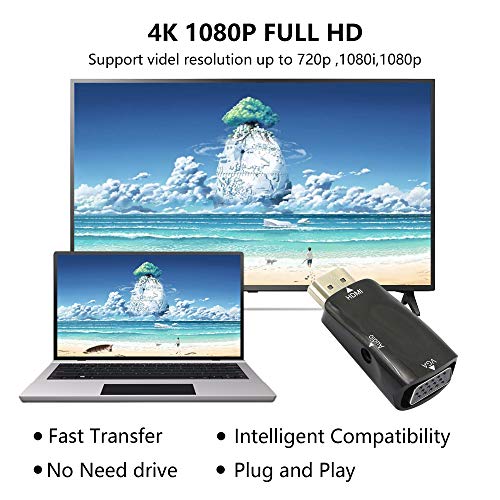 YACSEJAO HDMI to VGA Adapter，1080P HDMI Male to VGA Female Converter with Audio Compatible with Monitor, Laptop, Computer, PC, Desktop, Projector, HDTV, Chromebook, Ultrabooks and More
